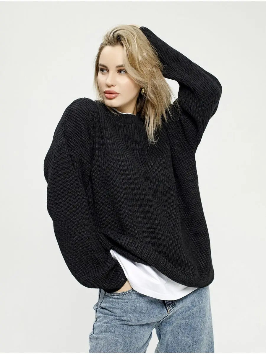 Grundlæggende sweatere til kvinder, der er overdimensioneret O -halsstrikede pullovers efterår vinter løs toppe kvinders jumper lyseblå trøjer store