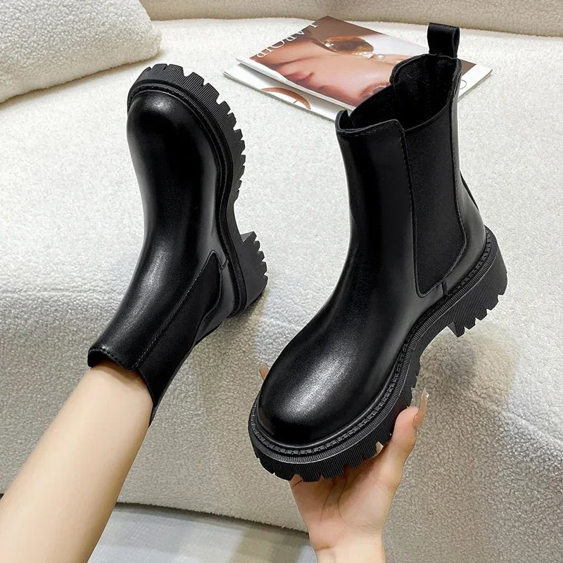 Ankle Boots Autumn Winter Classics Chelsea Boots Women Black Shoes Leather Platform Short Boots Slip on Elastic Band Goth Shoes