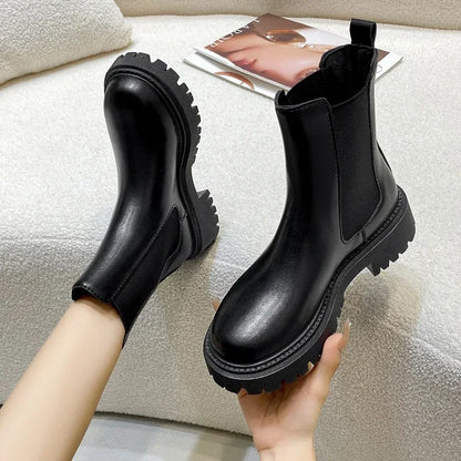 Ankle Boots Autumn Winter Classics Chelsea Boots Women Black Shoes Leather Platform Short Boots Slip on Elastic Band Goth Shoes