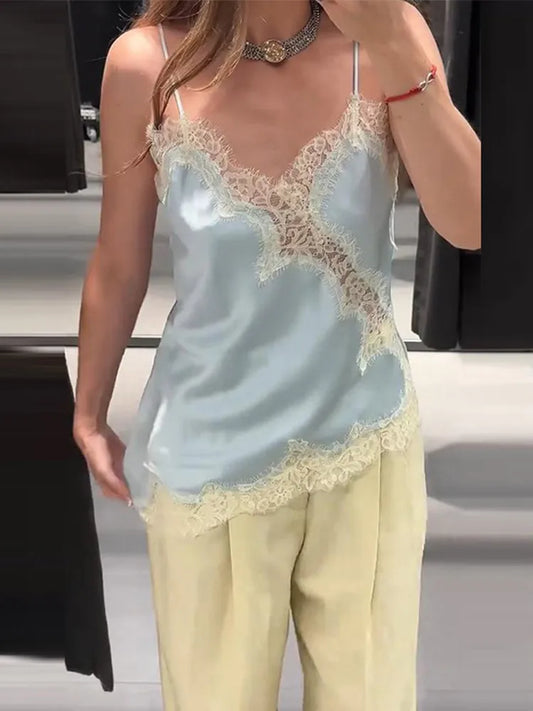 Sexy Lace Women's Tank Halter V-neck Skew Hem Sleeveless Backless Solid Female Tanks 2025 Summer Fashion Chic Beach Lady Top
