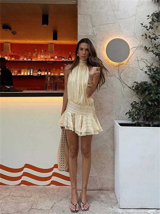 Halter Ruffle Mini Dress Women Sexy Sleeveless Backless Lace Up Party Dresses 2025 Summer Beach Fashion Vacation Lady Short Robe