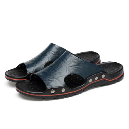 Zomer mannen slippers echt lederen ademende klompen sandalen strand klassiekers lederen glijbanen buiten slippers plus size heren schoen