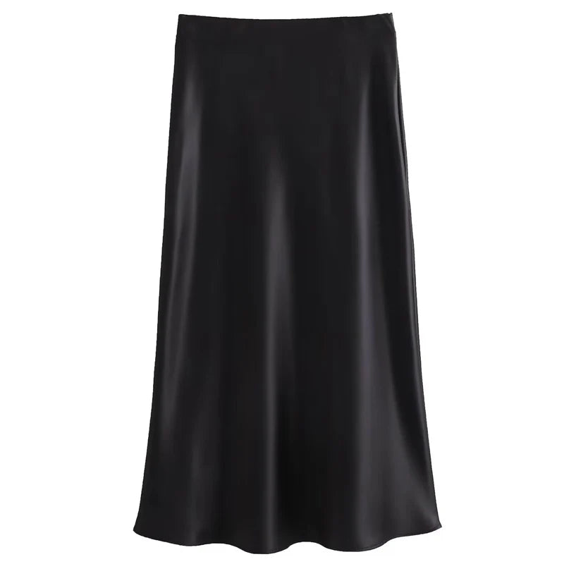 HXAO Women's Satin Long Skirts Black White Green Khaki Skirt Summer Elegant Women's Skirts Luxury Smooth High Waist Skirts 066