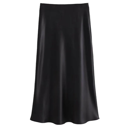 HXAO Women's Satin Long Skirts Black White Green Khaki Skirt Summer Elegant Women's Skirts Luxury Smooth High Waist Skirts 066