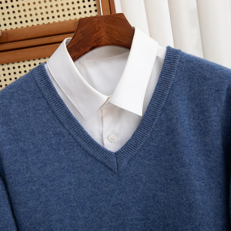 Men 100% Merino Wool Sweater V-Neck Pullover Autumn Winter Cashmere Warm Solid Knitwear Clothes Business Bottoming Soft Tops
