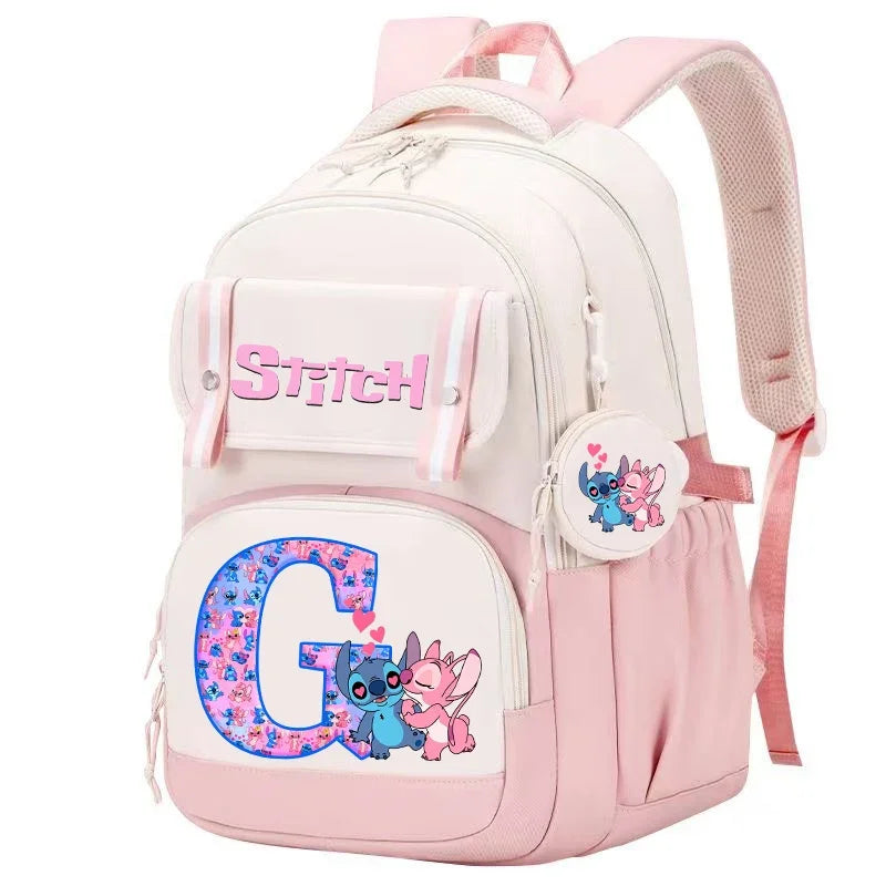 Stitch Angel Backpack Girls Disney Anime Letter A-Z Schoolbags Student School Shoulders Bag Outdoor Sport Travel Rucksack Gift