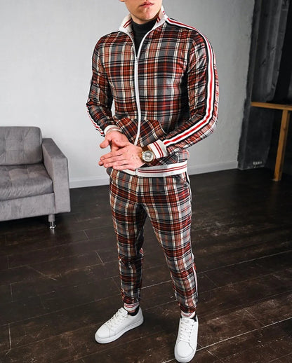 2025 Herbst Herum Männer Tracksuit 2pc Set Plaid Zipper Sweatshirt Jacke Langes Hosen Freigelegte Fitnessstudio Running Jogging Outfit Fleece Sportswear