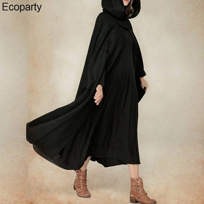 Women Long Cape Cloak Stylish Hooded Wool Blend Cloak Coat Ladies Autumn Hoodies Poncho Warm Cosplay Jackets Outwear Windbreaker