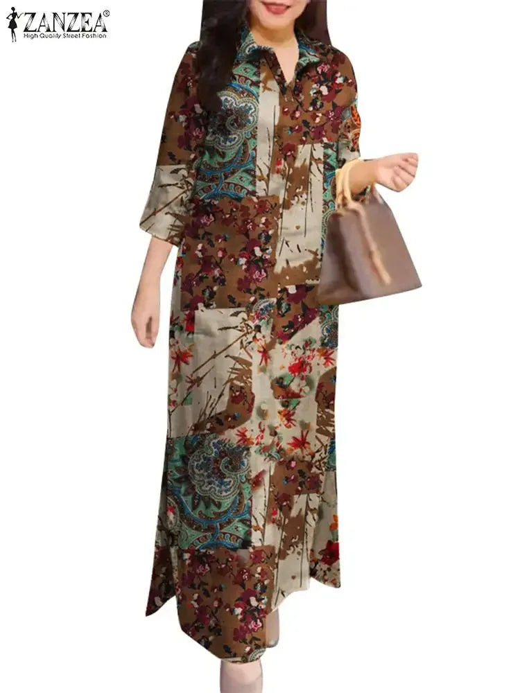 Zanzea Kvinder 3/4 ærme Lange kjoler Fall 2024 Fashion Lapel Neck Cotton Shirtdress Vintage Floral Print Maxi Shirt Dress Ny i