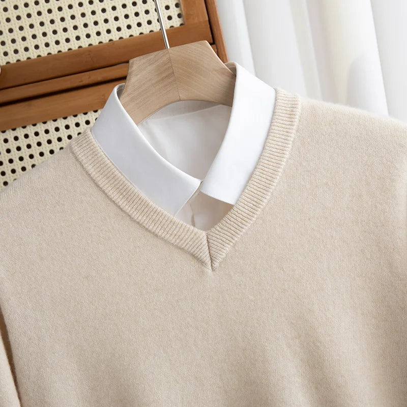 Men 100% Merino Wool Sweater V-Neck Pullover Autumn Winter Cashmere Warm Solid Knitwear Clothes Business Bottoming Soft Tops