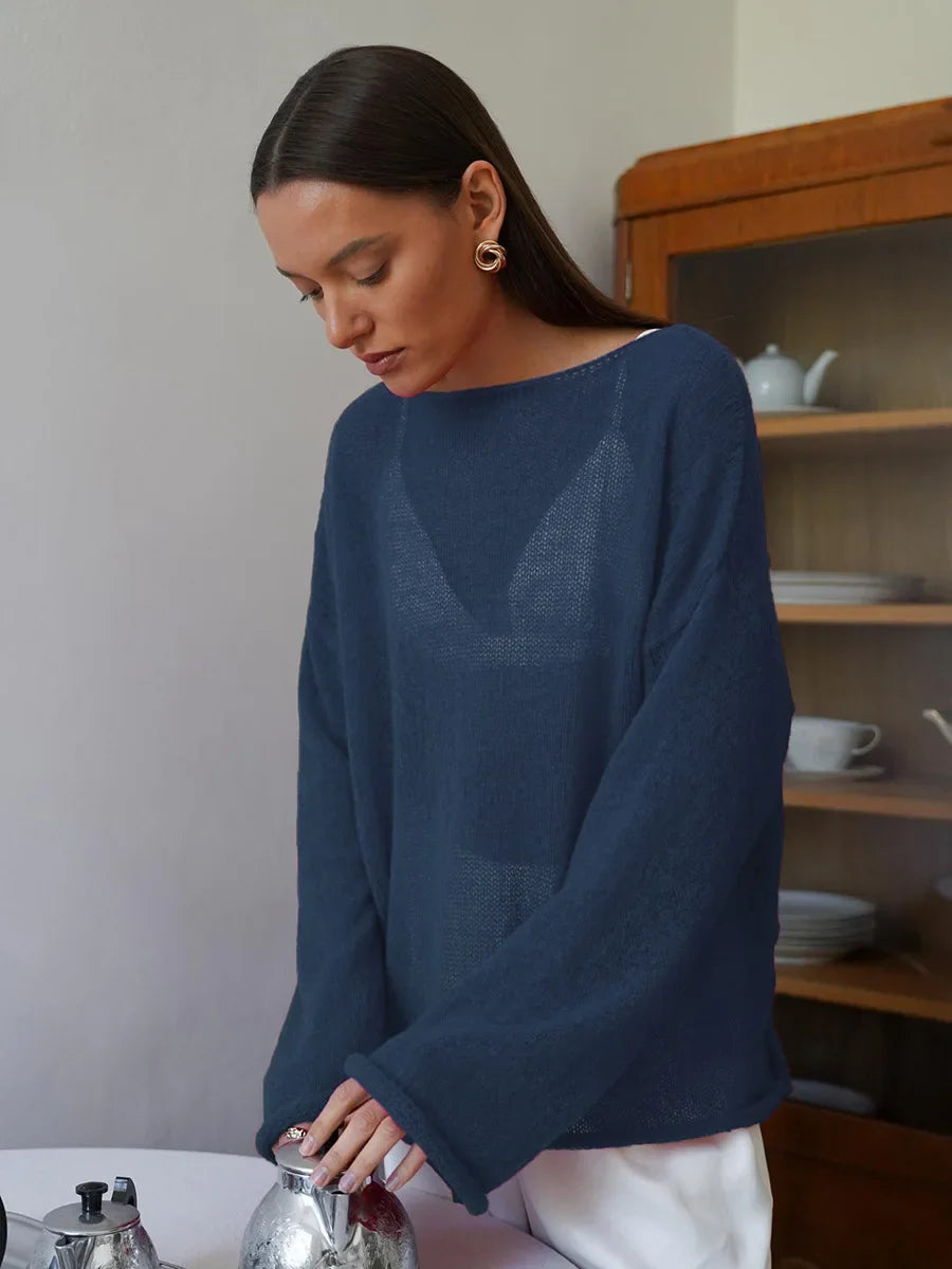 Talenza Hollow Knitted Sweater Pullover Women's Solid See-through O-Neck Long Sleeve Knitted T-Shirt Loose Casual Pullover 2025