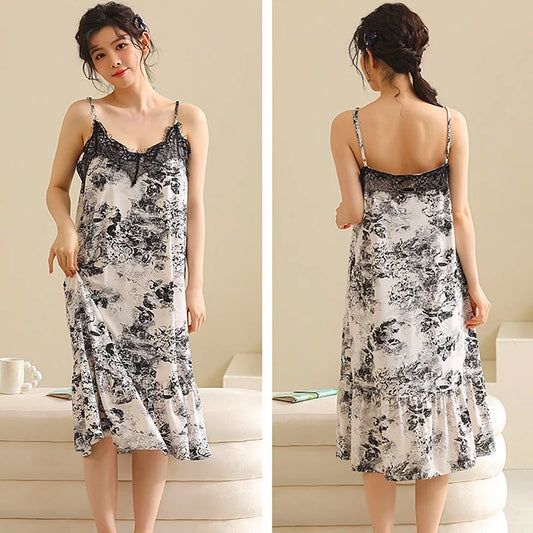 Summer Pajamas Lace Sling Camisolas Night Dress Plus Size Modal Lingerie Sleep Dress for Women Nightgown Retro Sexy Dress