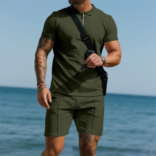 Men's Summer Waffle Short-Sleeve Zip-Up Lapel Suit Shorts Set Solid Color European US Style Trendy Casual Wear 2025