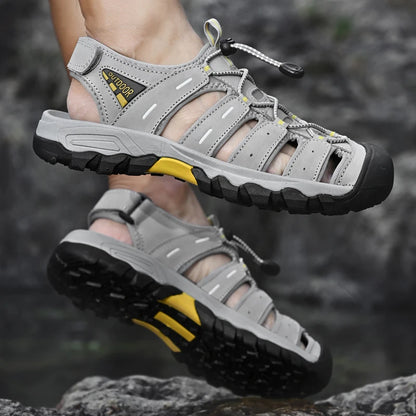 Summer Genuine Leather Men's Sandals Classic Breathable Slip-On Sandals Men Outdoor Casual Beach Sandals Sneakers Plus Size 46