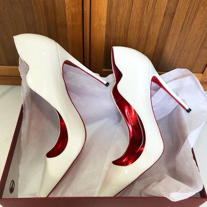 Heelgoo Glossy White Elegant Fashion Curl Cut Femei Pozitive Toe 12 cm Pantofi cu toc înalt Sexy V Cut Lady Wedding Pompe stiletto