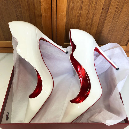 Heelgoo Glossy White Elegant Fashion Curl Cut Women Pointy Toe 12cm High Heel Shoes Sexy V Cut Lady Wedding Stiletto Pumps