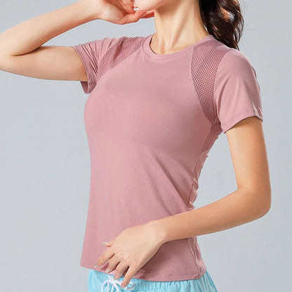 Pofybofy Mesh Stitching Reflectiv Strip Back Dry Dry Elastic Elastic Respirabil de bază cu mânecă scurtă cu mânecă Yoga Tricou Femei Gimnastică Fitness Top