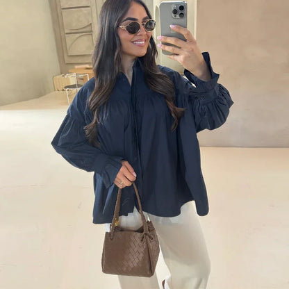 Casual Shirts Women Loose Lantern Sleeve Buttons Turn-Down Collar Pleated Blouse Lady Spring Summer Green Shirts Woman All-match