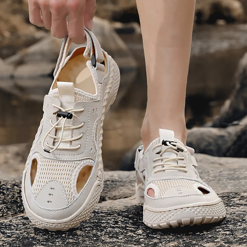 Sandals men's tide summer new style leather toe cap outdoor leisure sports hollow sandals beach shoes Handmade mesh men shoes