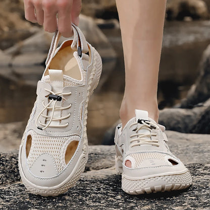 Sandals men's tide summer new style leather toe cap outdoor leisure sports hollow sandals beach shoes Handmade mesh men shoes