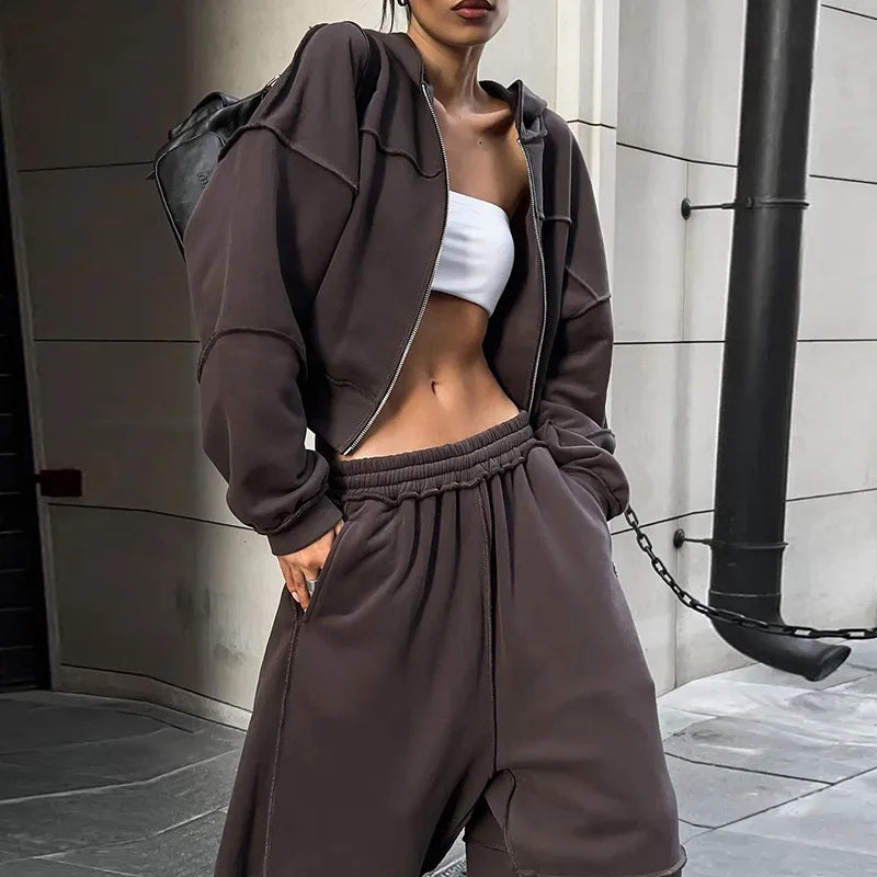 DSMTRC Autumn Winter Outfits High Street Lady Brown Suit Zipper Full Sleeve Hoodies+Low Waist Pants 2Pcs Tracksuit for Woman New