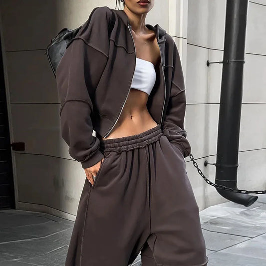DSMTRC Autumn Winter Outfits High Street Lady Brown Suit Zipper Full Sleeve Hoodies+Low Waist Pants 2Pcs Tracksuit for Woman New