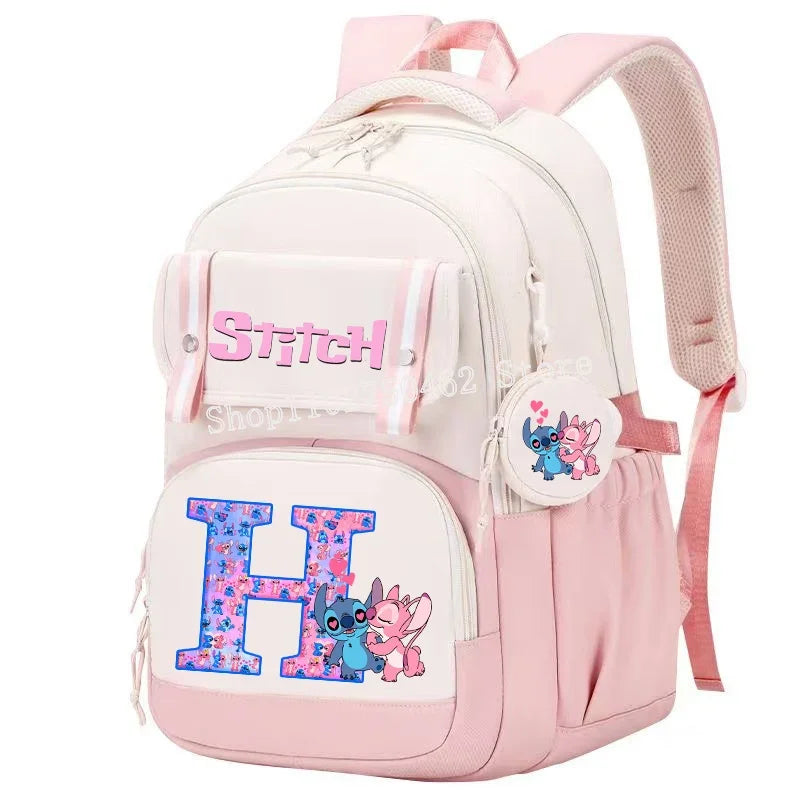 Stitch Angel Backpack Girls Disney Anime Letter A-Z Schoolbags Student School Shoulders Bag Outdoor Sport Travel Rucksack Gift