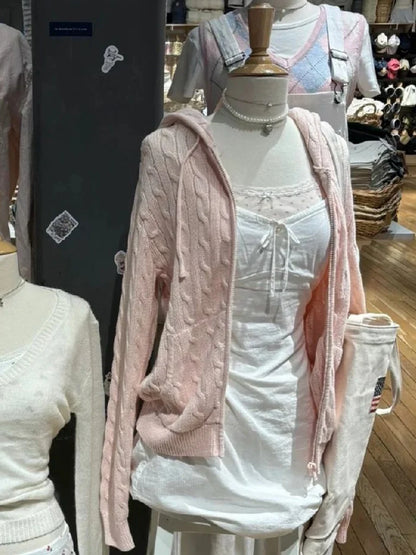 Cardigans de malha rosa de flor torcido Mulheres Autumn Capuzes Capuz Zipper suéter sólido Súlito doce solto casacos y2k