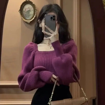 Autumn Square Collar Warm Sweaters Fashion Korean Solid Loose Knit Jumper Elegant Long Sleeve All Match Pullover Sweater M53
