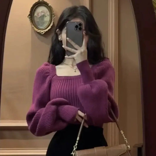 Autumn Square Collar Warm Sweaters Fashion Korean Solid Loose Knit Jumper Elegant Long Sleeve All Match Pullover Sweater M53