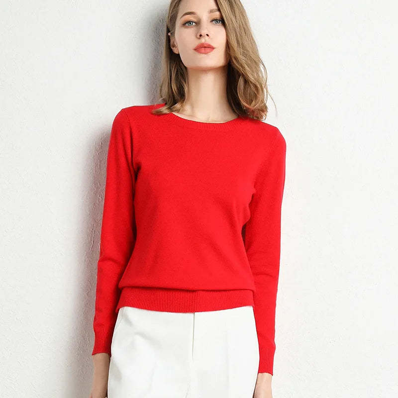 Women Slim O-Neck Solid Pullover Cashmere Wool Blending Sweater Autumn And Winter Long-Sleeved Knit Bottoming Shirt Large Size