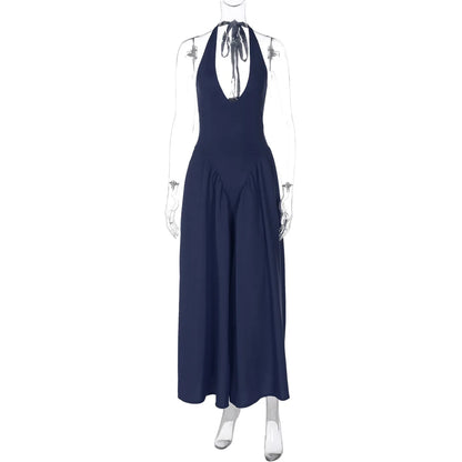 Talenza Backless Deep V Spliced Long Dress Summer Women's Sexy Party Kjole Halter Ny mode Slim hvid ærmeløs lang kjole