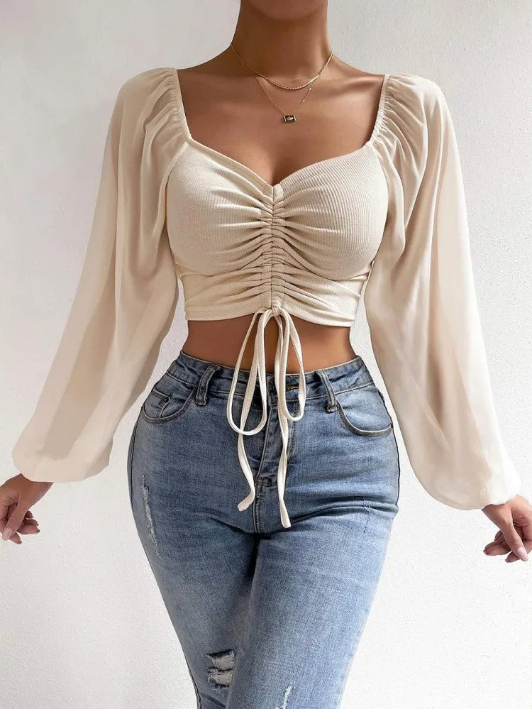 2024 Spring Summer New Sexy V-neck Chiffon Drawstring Lantern Sleeve Tight Fashion Sexy Short Style Waist Long Sleeve Shirt Top