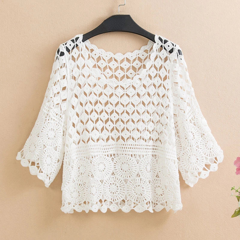Women 2025 Spring Summer New Hook Flower Hollow Loose Pullovers Female Shawl Knitted Tops Ladies Short Jumper Sweater Tops W38