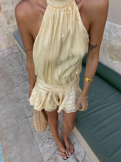 Halter Ruffle Mini Dress Kvinder sexet ærmeløs rygfri snøring op festkjoler 2025 Summer Beach Fashion Vacation Lady Short Robe