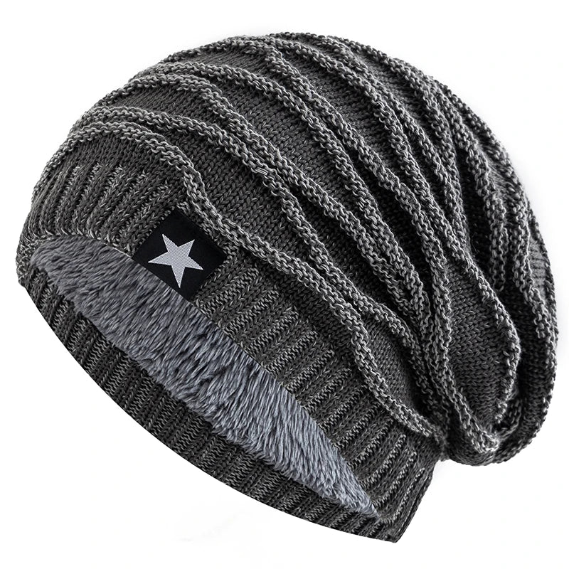 Ny unisex slouchy vinterhatter legger til pelsfôrede menn og kvinner varm beanie cap casual five-spiss stjerne dekor vinterstrikkede hatter