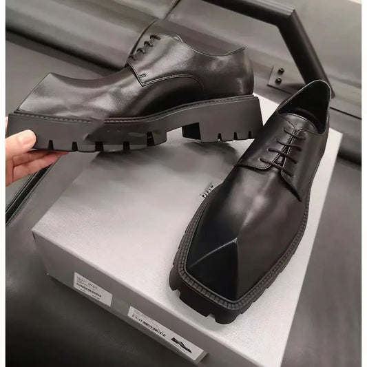 2025 Men's Big Head Leather Niche Design Casual Platform Rhino Horn Square Single Sneakers Derby Shoes