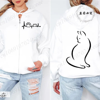 Women Zipper Hoodie Clothes Autumn Winter New Cute Cat Heatbeat Sweatshirt Hip Hop Streetwear Women Zip Up Jacket Coat Clothing