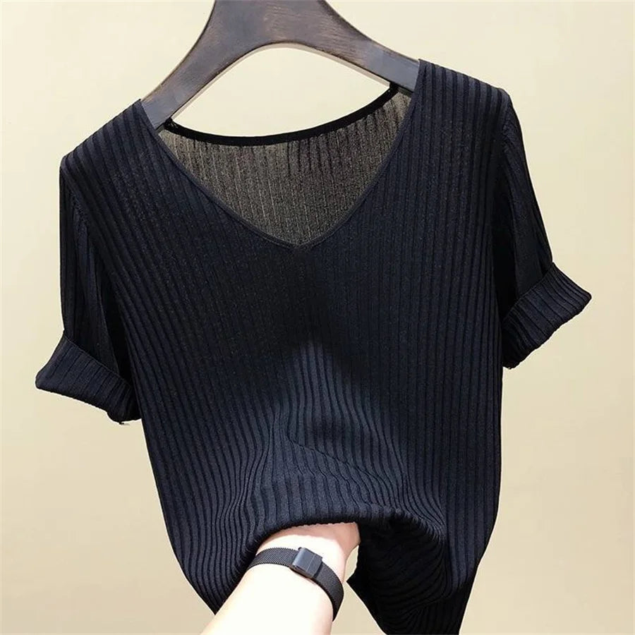 Bluse kvinner blusas mujer de moda verano kort erme bluse v-hals strikket bluse skjorte topper kvinner blusas df4907