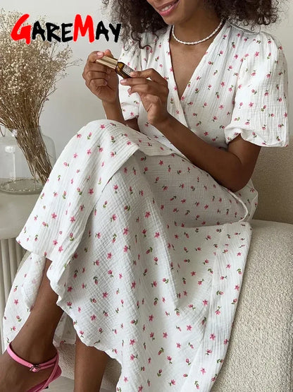 Casual Women's Summer Dresses 100% Cotton Floral Print A-line Midi Dress with Side Slits Long Elegant White Dress for Women 2025