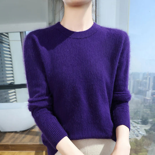 New mink fur sweater women's pullover solid color cashmere knitted sweater autumn and winter round neck pullover high-end tops