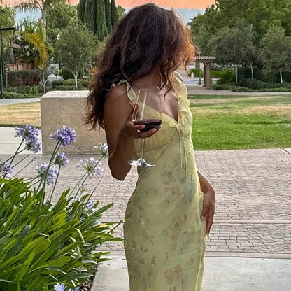 Rochii retro v gât de culoare galbenă fără mâneci imprimeu maxi rochie lungă elegantă, înaltă talie înaltă petrecere de vacanță feminină vestidos