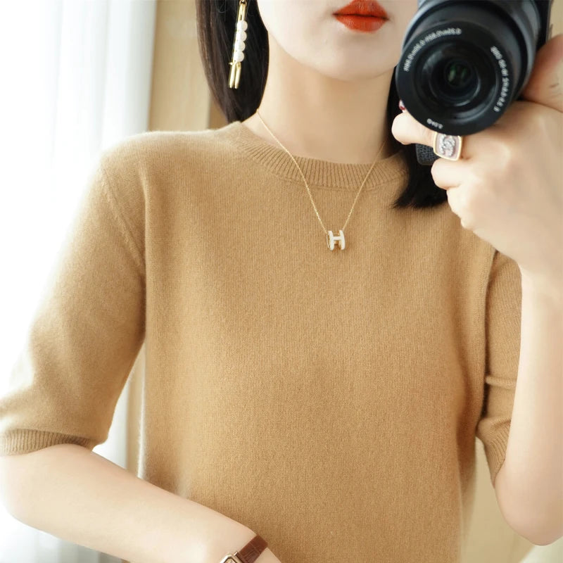 Spring 2022 New Women's O-Neck Short-Sleeved Exquisite Cashmere Sweater Pullover