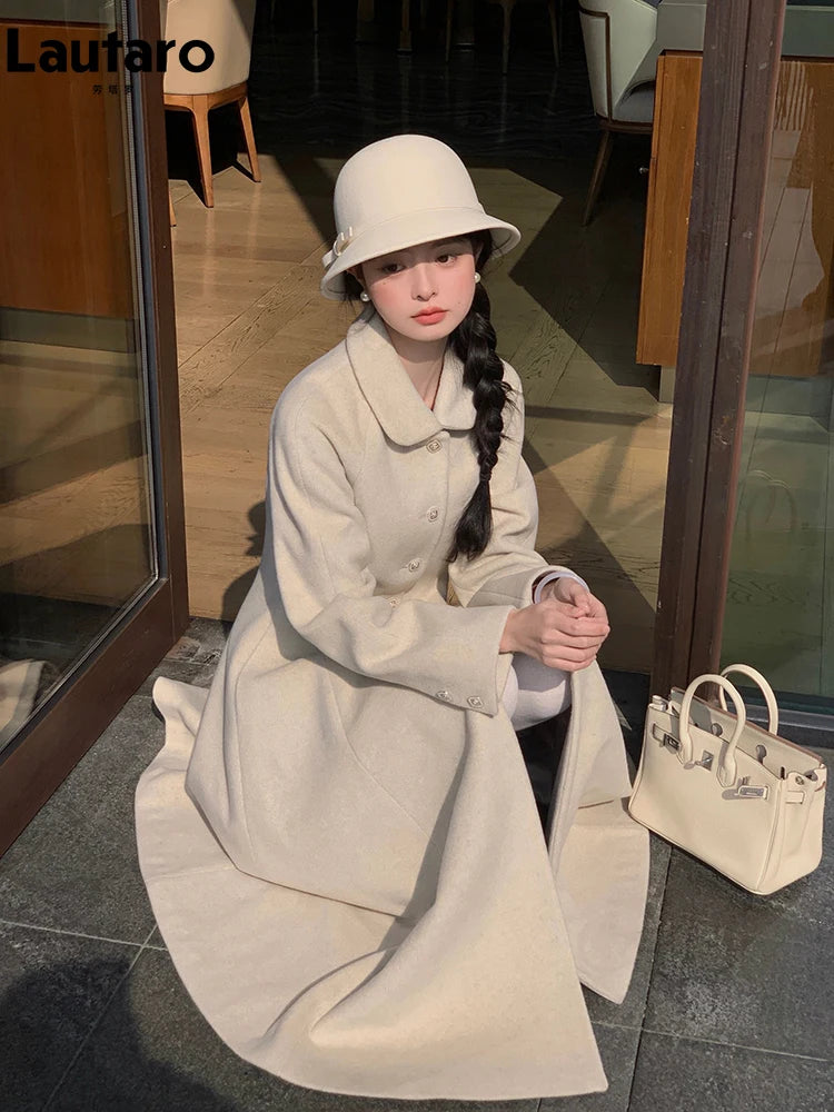 Lautaro Winter Long Wool & blends Coat for Women Chic Luxury Elegant High Quality Womans Clothing Skirted Woolen Overcoat 2024