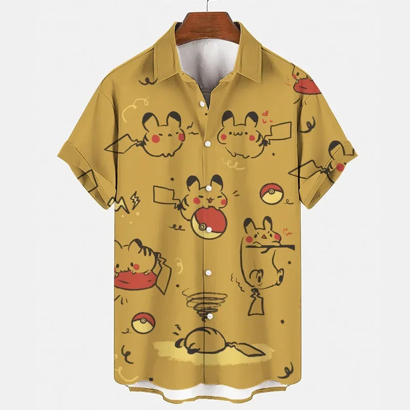 Pokemon Pikachu Gengar Snorlax Shirts floraux Men Femmes Short Short Sleeves Bouton Couple de pyjamas Set Trendy Beach Coat Anime