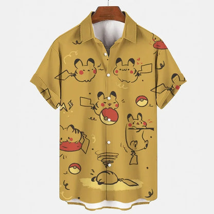 Pokemon Pikachu Gengar Snorlax Shirts floraux Men Femmes Short Short Sleeves Bouton Couple de pyjamas Set Trendy Beach Coat Anime