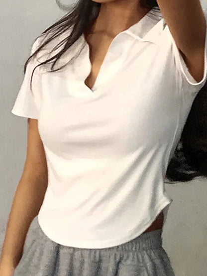Summer Short Sleeve Lapel Top Women's Solid V-hals tröjor Retro söta skjortor Hot Girl Crop Top Kvinnlig Slim Merveile Tee
