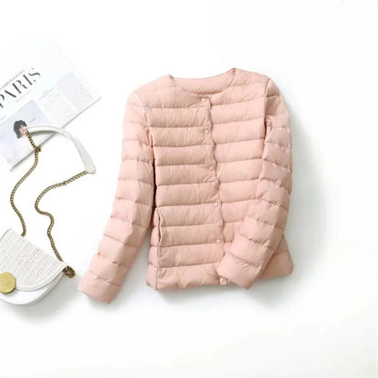 2024 Fall Spring Autume Collarless Light Quilted Puffer Coat New Women Liner Duck Down Jacket O-neck Variable V-neck Female