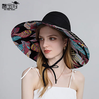 Women Cotton Wide Brim Sun Hats Metal Wired Edge Summer UV Protection UPF Boho Hat for Beach Hiking Garden Travel Chin Strap