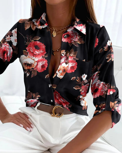 Bluză elegantă pentru femei 2023 Primăvara și toamna Temperament Top cu mânecă lungă cu mânecă de tipărire Oficiul Slim Fit Pocket Tricou